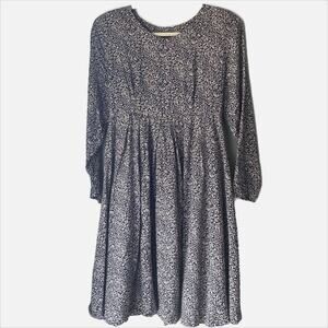 Vintage Navy Blue White Floral Print Long Sleeve A Line Midi Dress, Size M